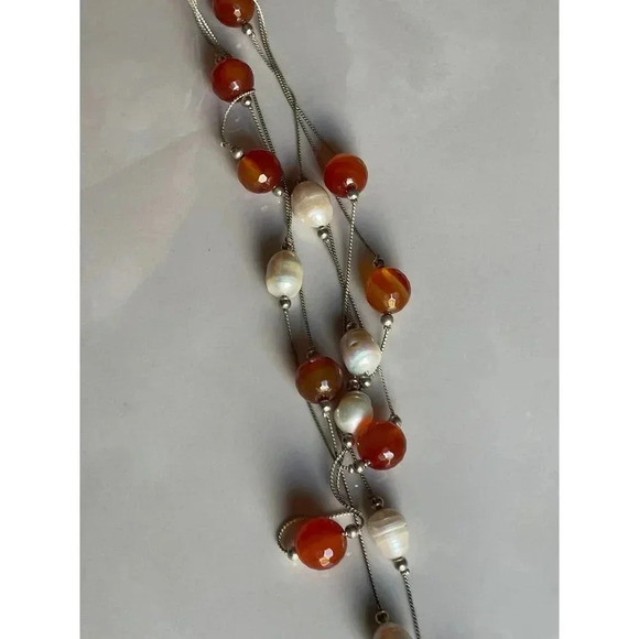 Sterling Silver 925 Multi Layered Pearl Necklace Carnelian Beads Gold Accents - Picture 7 of 8